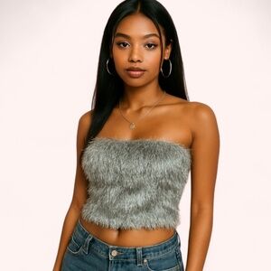 En Saison Fuzzy Y2K Silver Grey Glam Party Crop Tube Top NWT Size S Strapless